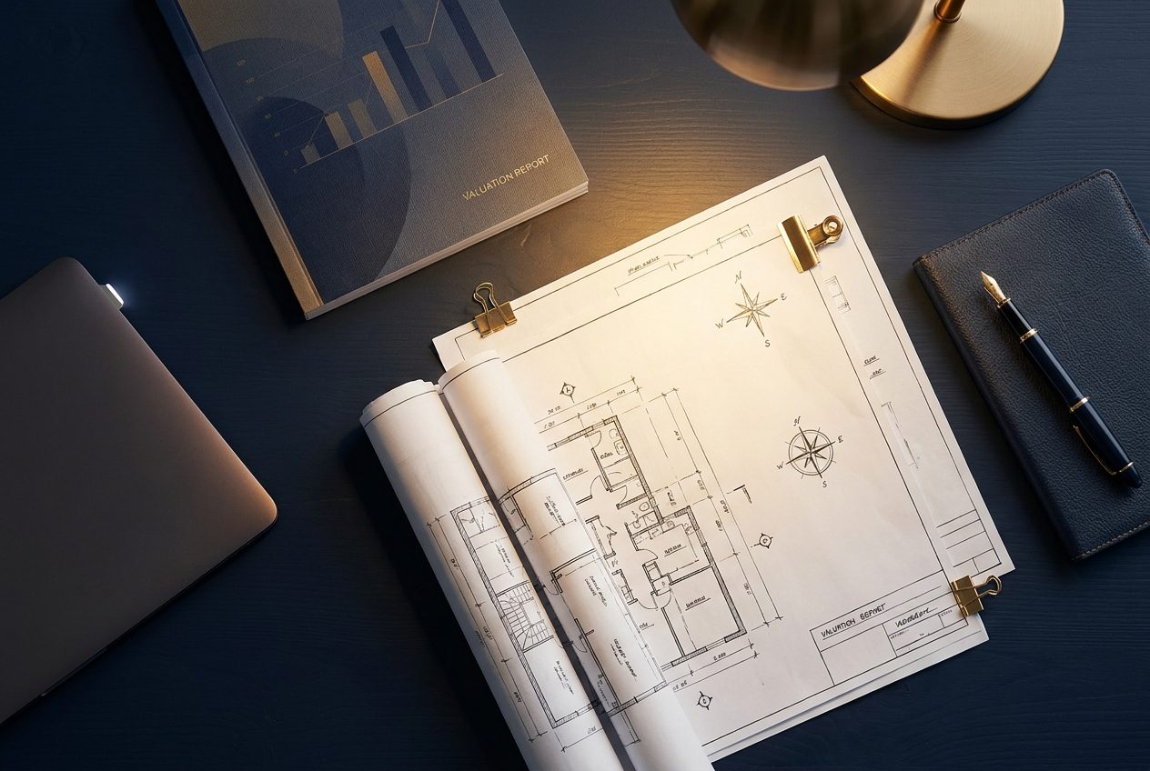 RICS Red Book valuation and floor plans on a desk