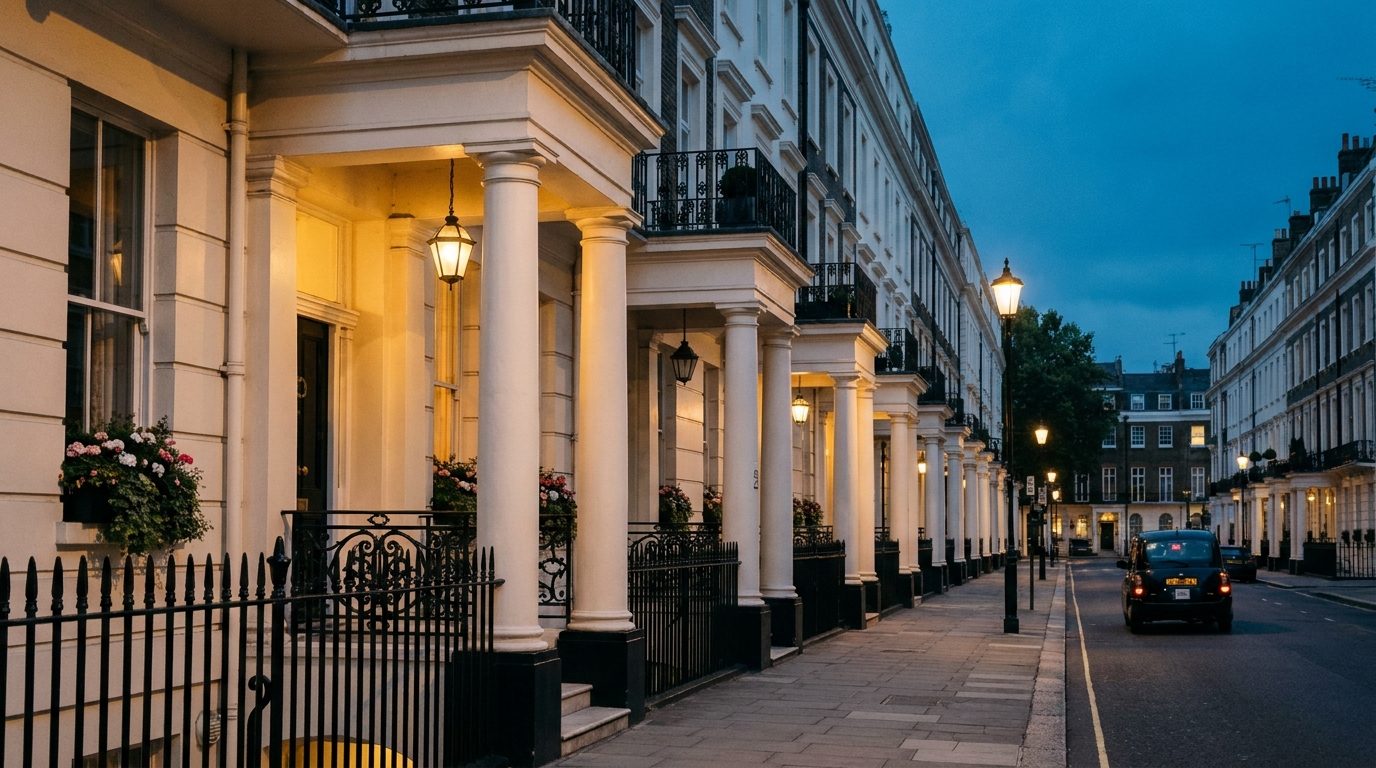 Prime Central London Georgian terrace at dusk