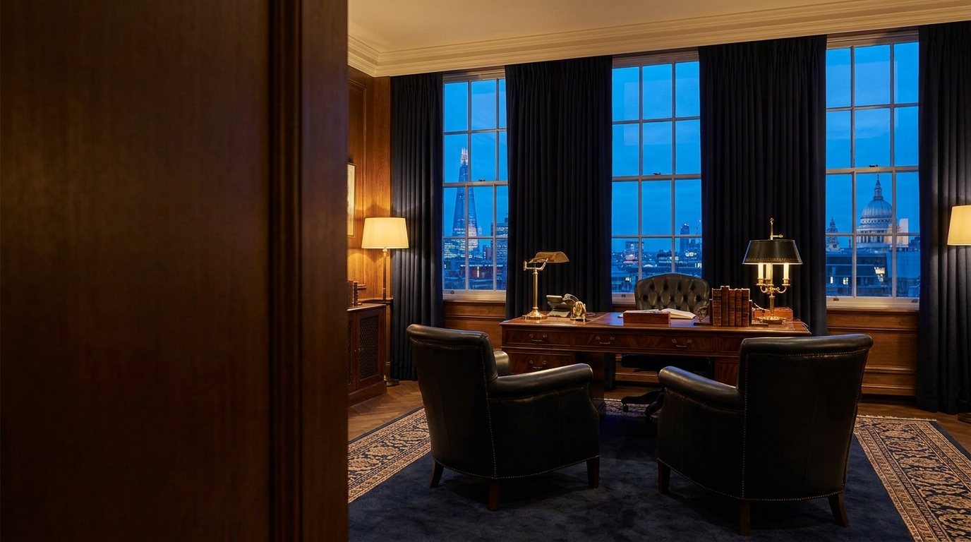 An elegant London property advisory office at dusk